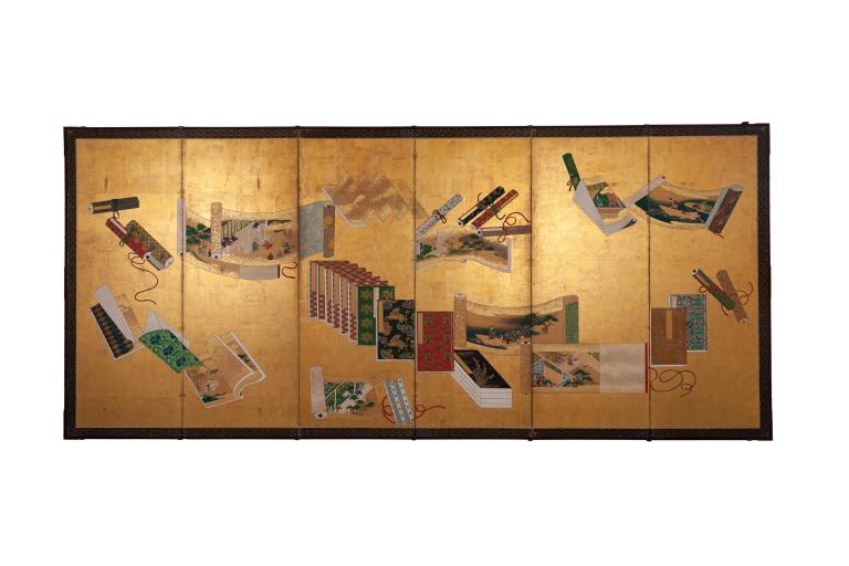 Paravent à envol de rouleaux et livres illustrés (élément d'une paire)