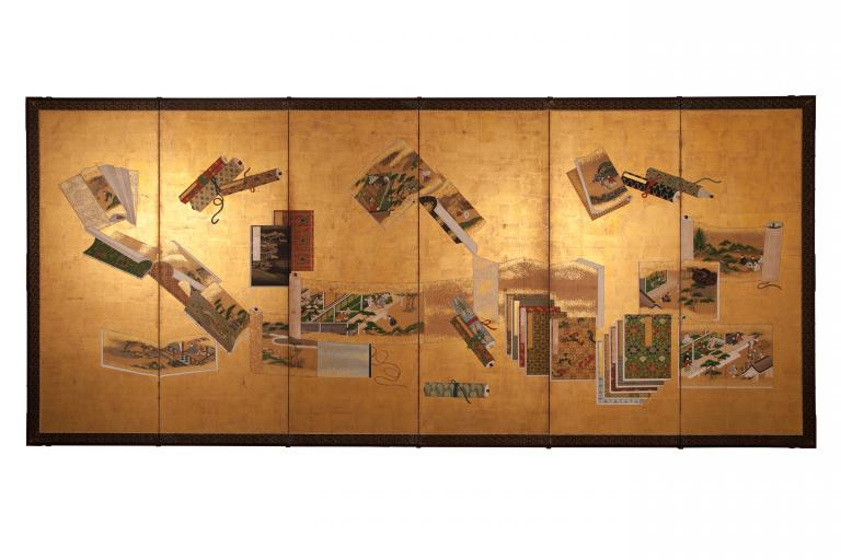 Paravent à envol de rouleaux et livres illustrés (élément d'une paire)