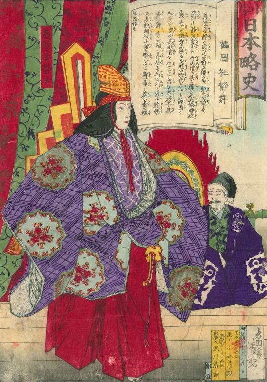 Danse de Shizuka au sanctuaire de Tsurugaoka (titre de l'estampe traduit)  鶴岡社静舞 (titre de l'estampe en kanji)  Tsurugaoka-sha Shizumai (translittération)    Une brève histoire du Japon pour l'école primaire (titre de la série traduit)  小學日本略史 (titre de la série en kanji)  Shōgaku Nihon ryakushi (translittération)