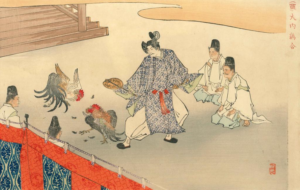 (Coq) Combat de coqs au palais (titre de l'estampe traduit) (酉) 大内鶏合 (titre de l'estampe en kanji) (Tori) Ōuchi toriawase (translittération)  Illustrations de l'histoire japonaise à travers les douze animaux du zodiaque (titre de la série traduit) 十二支日本史画内 (titre de la série en kanji) Jūnishi Nihonshi ganai (translittération)