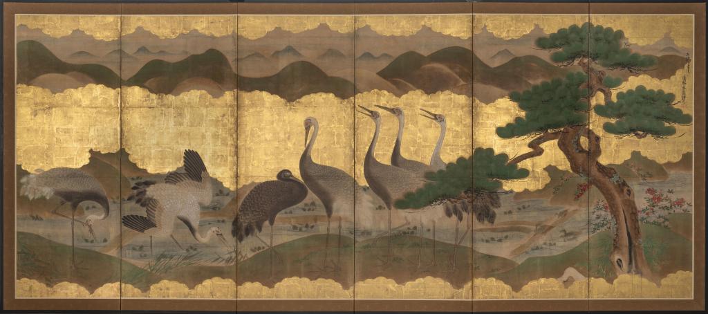 Paravent à six feuilles, à motifs de grues et de tortues minogame parmi les pins