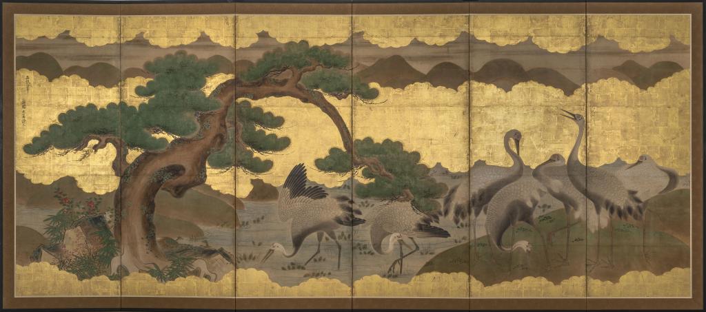 Paravent à six feuilles, à motifs de grues et de tortues minogame parmi les pins