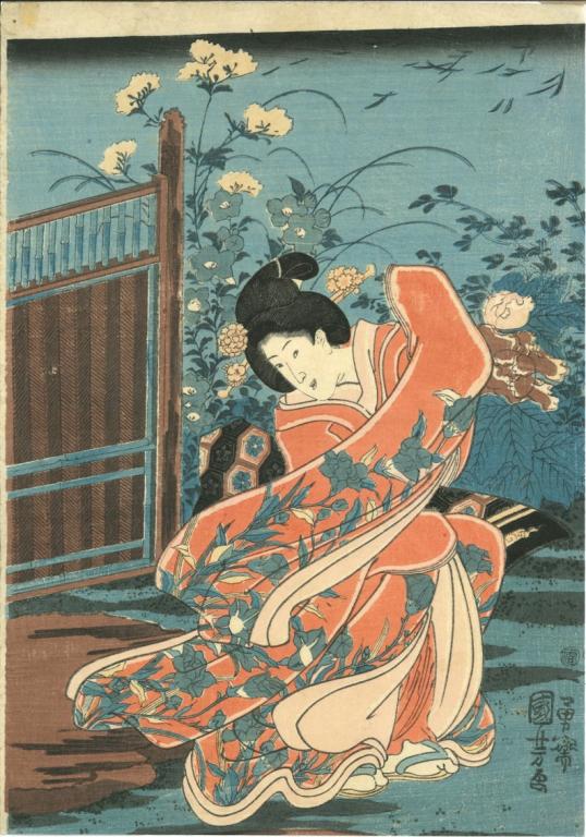 Vent (titre de l'estampe traduit)#風 (titre de l'estampe en kanji)#Kaze (translittération)##Fleurs et oiseaux, vent et lune d'aujourd'hui (titre de la série traduit)#時世花鳥風月風 (titre de la série en kanji)#Jisei kachō fūgetsu (translittération)