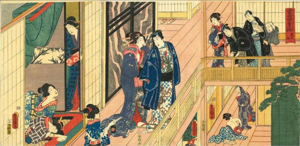 Quartiers d'été (titre de l'estampe traduit)#夏之部 (titre de l'estampe en kanji)#Natsu no bu  (translittération)## #Vues modernes des quatre saisons (titre de la série traduit)#当世四季詠 (titre de la série en kanji)#Tōsei shiki no nagame (translittération)