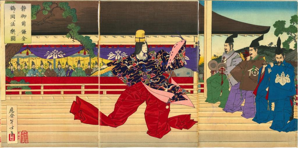 Danse de Shizuka Gozen au sanctuaire Tsurugaoka Hachiman à Kamakura (titre de l'estampe traduit)#静御前鎌倉鶴ヶ岡ニ法楽ノ図 (titre de l'estampe en kanji)#Shizuka Gozen Kamakura Tsurugaoka ni hôgaku no zu (translittération)