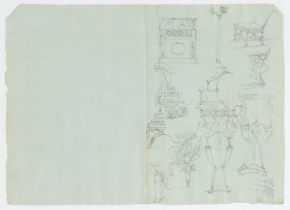 Croquis d'après des sculptures, meubles antiques (verso)