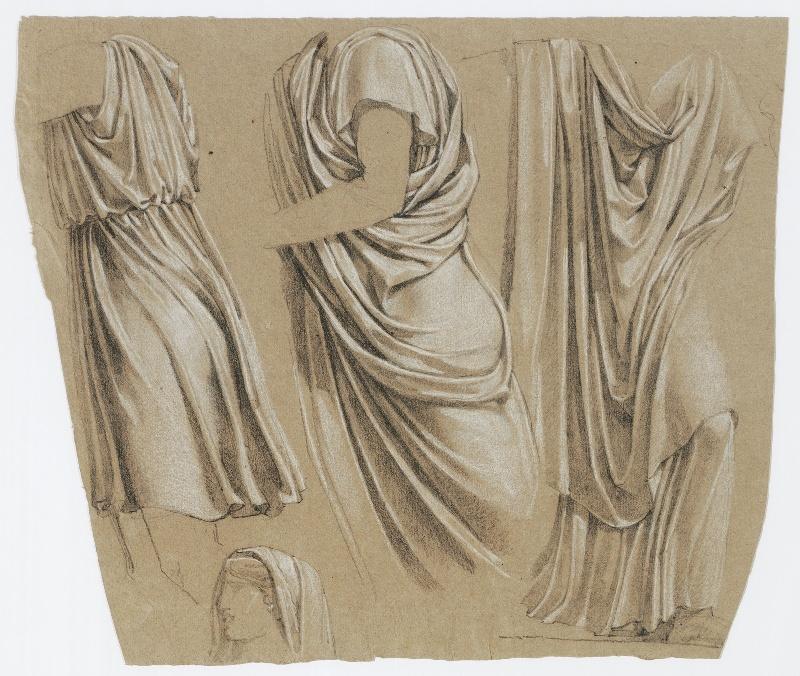 Décor pour le temple de la Raison de Marseille, Trois draperies de personnages debout et une tête de femme couverte