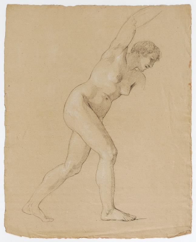 Femme nue de profil et inclinée en avant