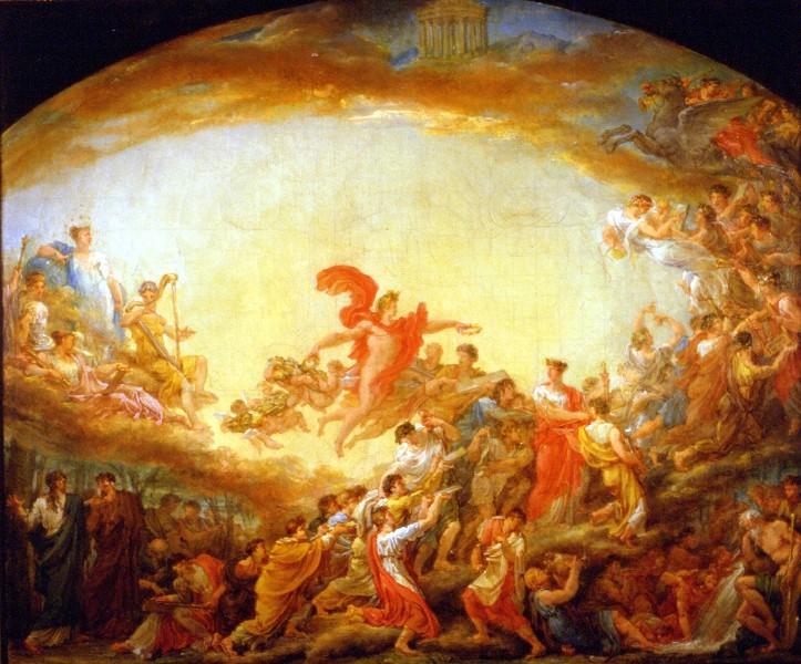 APOLLON et les muses traversent les Champs-Elysées, distribuant des couronnes et montent au temple de mémoire