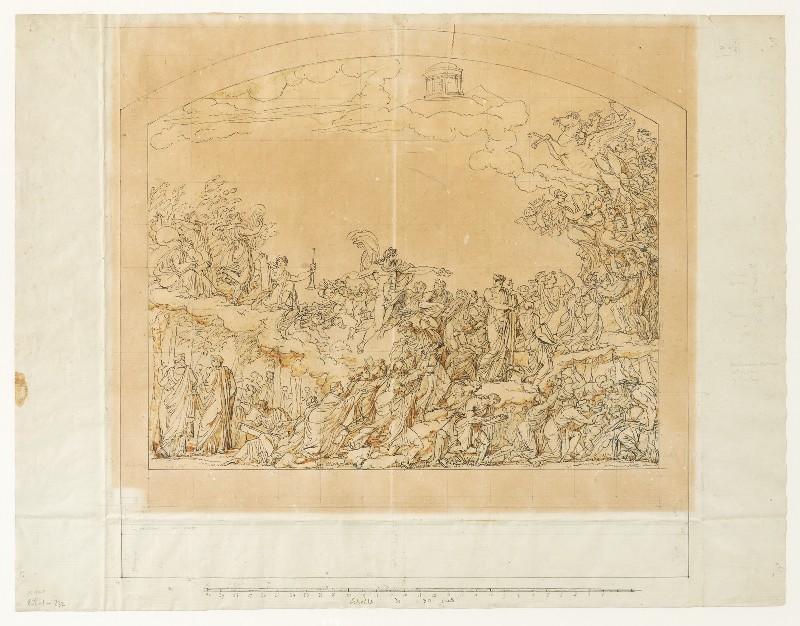 Apollon et les muses traversent les Champs-Elysées, distribuant des couronnes et montent au temple de mémoire