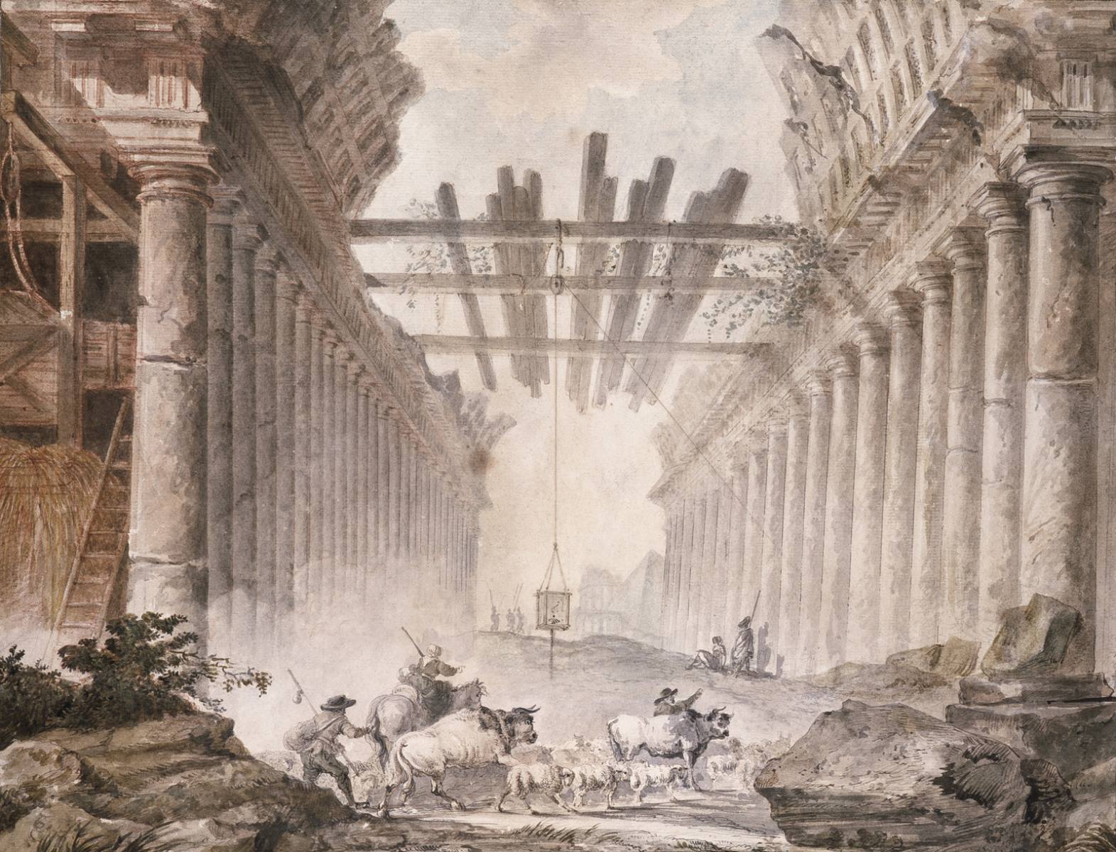 Bergers et troupeaux entre deux colonnades ; Troupeau dans les ruines d'un temple antique