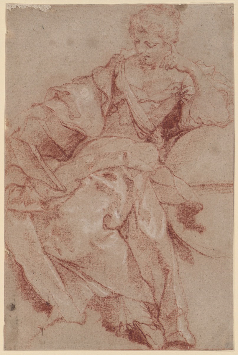 Femme accoudée sur une sphère ; Figure drapée