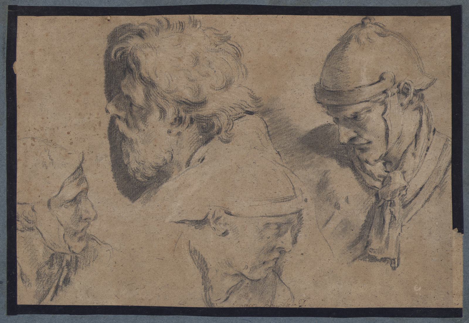 Etudes d'un homme barbu et de trois soldats casqués