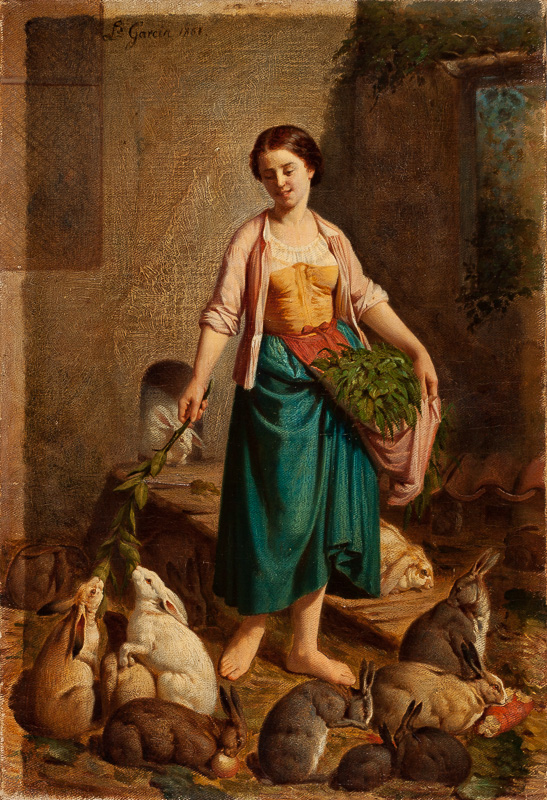 Jeune femme donnant à manger aux lapins