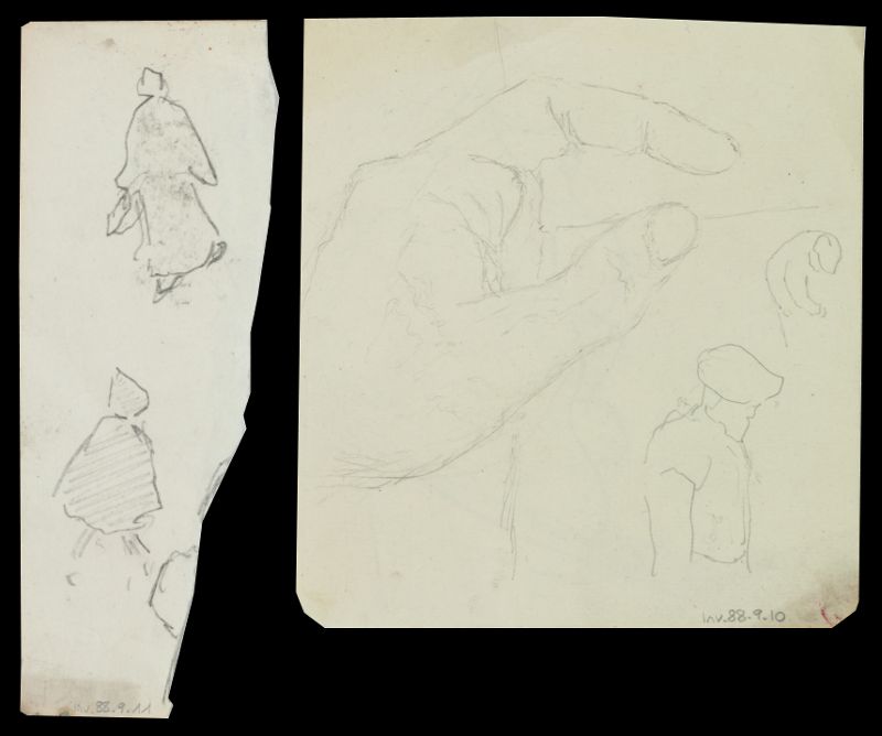 Main gauche tenant un papier et deux hommes à béret (recto) ; Profil droit masculin (verso)