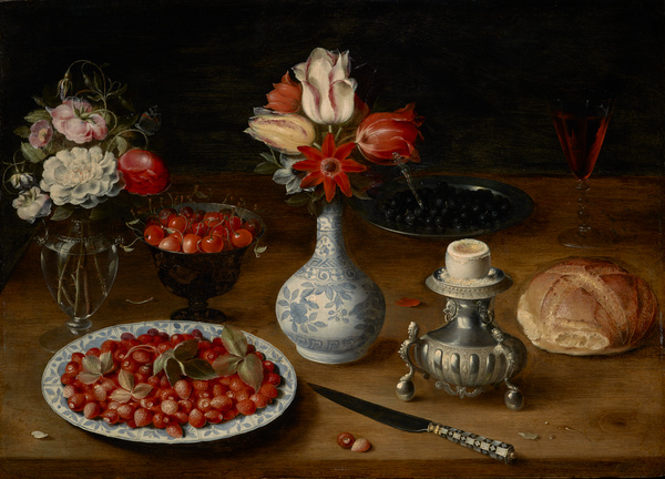 Fleurs, fruits, vases et autres objets