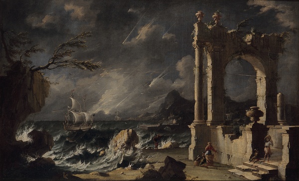 Ruines au bord de la mer. Effet d'orage