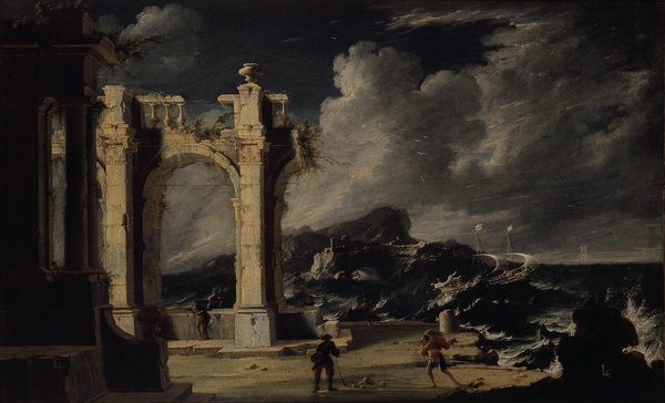 Ruines au bord de la mer. Effet d'orage
