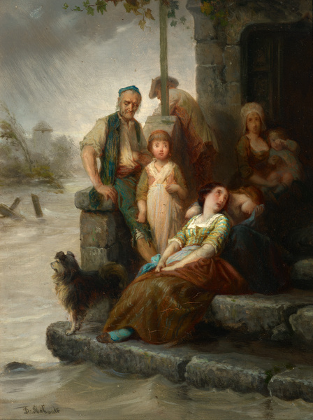 Famille éplorée devant une maison