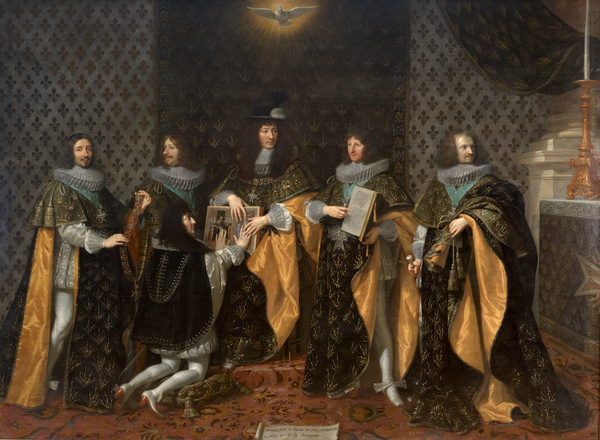 Louis XIV, au lendemain de son sacre, reçoit le serment de son frère Monsieur, duc d'Anjou, comme chevalier de l'Ordre du Saint-Esprit à Reims, le 8 juin 1654