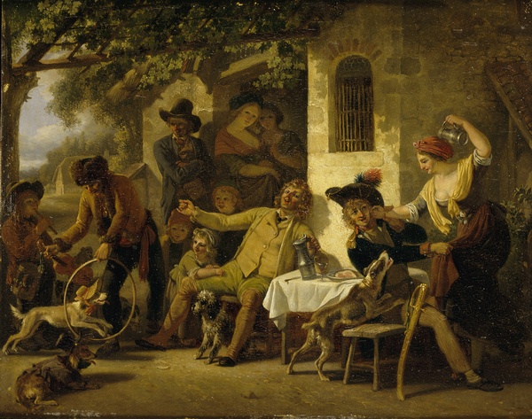 Saltimbanques devant une auberge ; Une scène de foire devant un cabaret de village Enfants faisant danser un chien (Ancien titre)