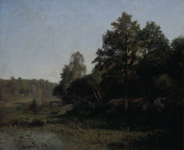 Un étang (à droite, des arbres et des rochers)