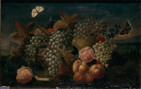 Fleurs et fruits dans une corbeille d'osier