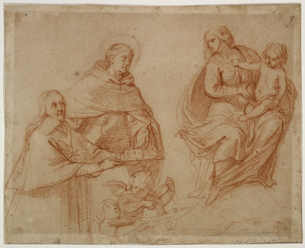 Le Cardinal de Richelieu, présenté par saint Bernard, dédicace une abbaye à la Vierge et à l'Enfant Jésus ; Offrande de Richelieu à la Vierge (Ancien titre)
