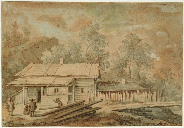 Ferme en bois avec paysans ; Paysage scandinave avec cabane de bois (Ancien titre)