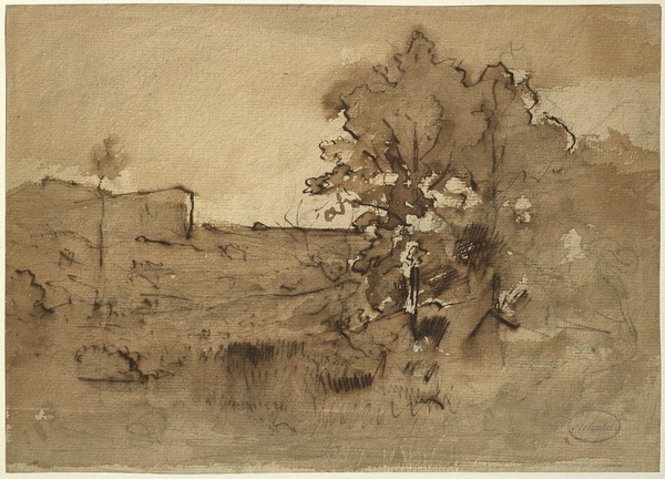 Paysage (Maison au loin et arbres)