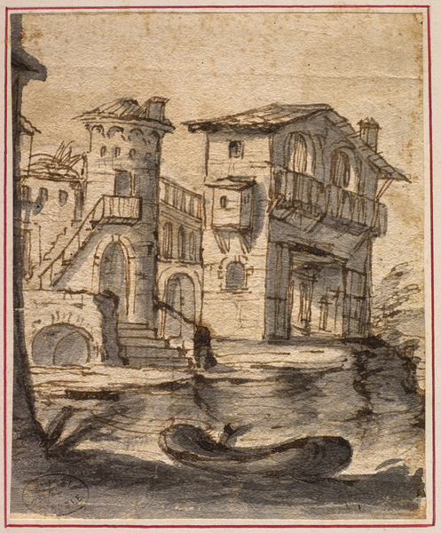 Maison près d'un cours d'eau ; Paysage de fortifications avec au premier plan une barque (Ancien titre)