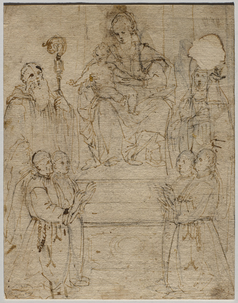 Vierge à l'Enfant en trône entre un saint abbé et une sainte abbesse présentant quatre moines ; Sainte Catherine (Ancien titre)