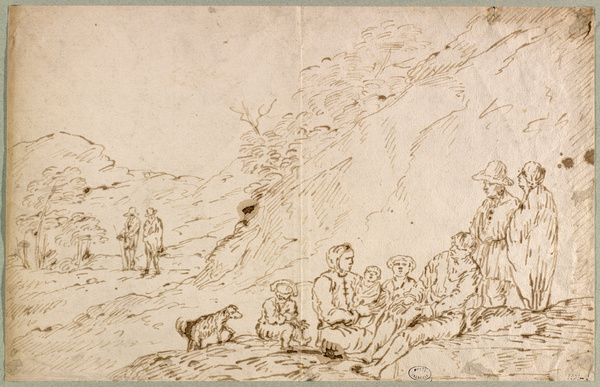 Groupe de neuf figures et un chien dans un paysage ; Paysage avec paysans (Ancien titre)