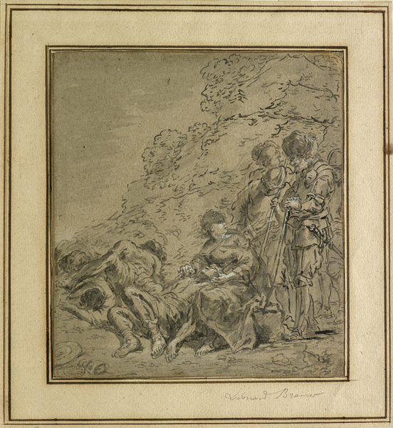 Les Brigands égyptiens découvrent Chariclée soignant Théagène blessé ; Groupe de figures ou Femme se penchant sur des blessés hommes armés ou Samson et Dalila (Ancien titre)