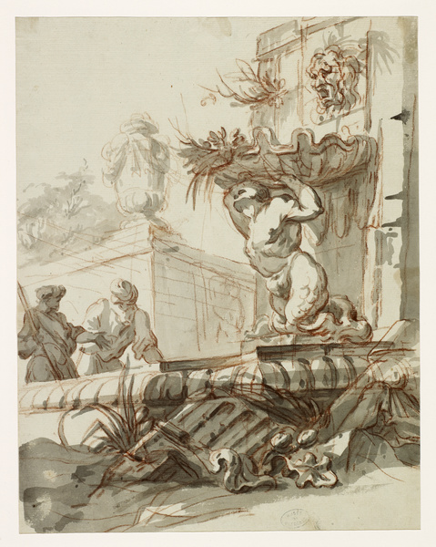 Deux hommes près d'une fontaine ornée d'un triton ; Fontaine (Ancien titre)