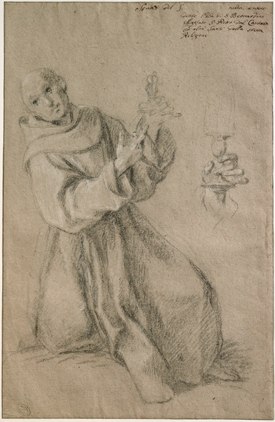 Etude pour la figure de saint Jacques de la Marche ; Moine agenouillé montrant un reliquaire et étude de main (Ancien titre)