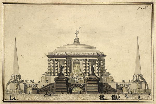 Projet pour une fontaine avec deux obélisques ; Vue de temple (Ancien titre)