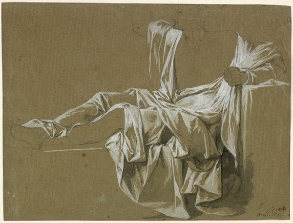 Etude d'homme à demi allongé, le bras droit levé ; Etude de draperie (Ancien titre)