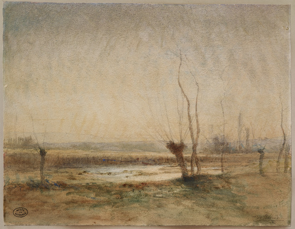 Effet du matin, étang de la Levaz près de Morestel ; Vue des environs de Crémieu; plaine marécageuse avec des roseaux et des saules. Effet du matin (Autre titre)