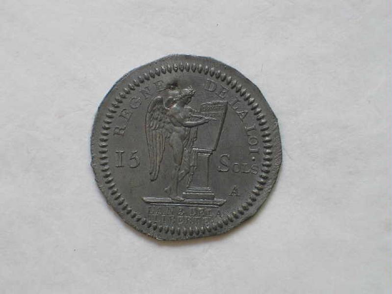 Le génie de la France gravant la Constitution ; Avers de la pièce de 15 sols