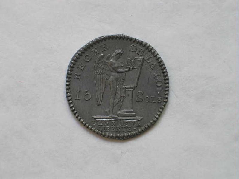 Le génie de la France gravant la Constitution ; Avers de la pièce de 15 sols