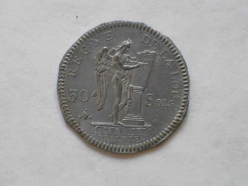 Revers de la pièce de 30 sols ; Le génie de la France gravant la Constitution