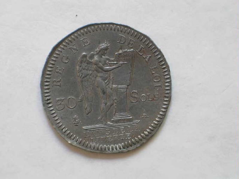 Revers de la pièce de 30 sols ; Le génie de la France gravant la Constitution