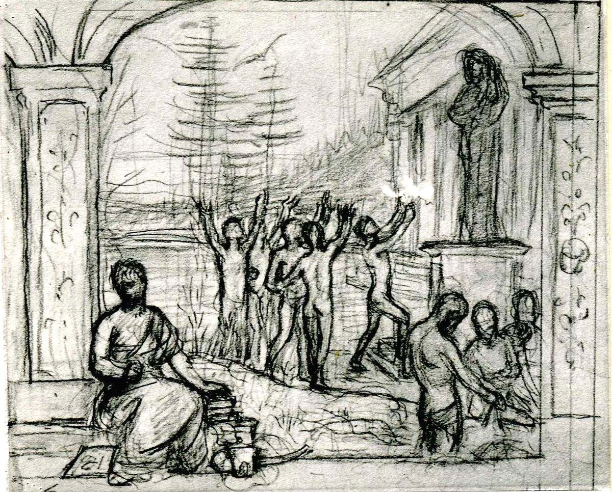 Groupes de personnages dans un paysage limité par un cadre architectural ; Étude pour le décor de la Sorbonne