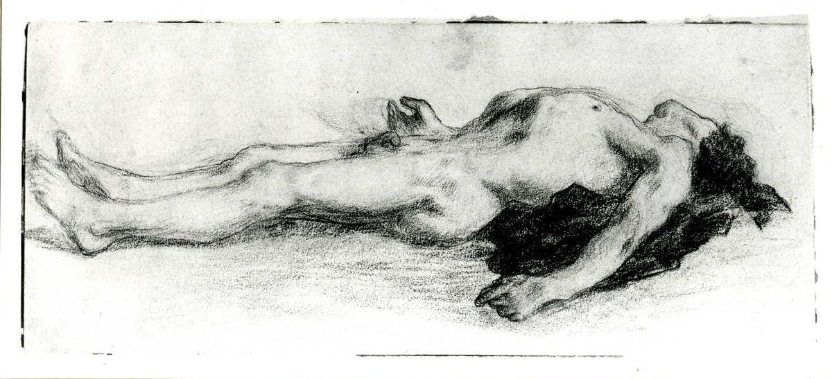 Homme nu étendu sur le dos ; Étude pour Bellum