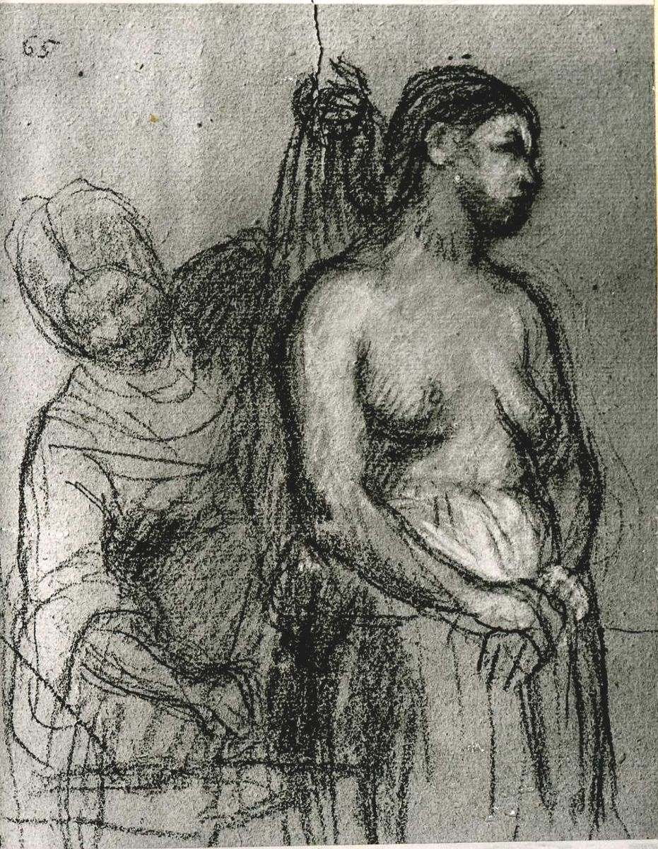 Femme debout à demi nue, coiffée par une autre femme ; Étude pour La Toilette