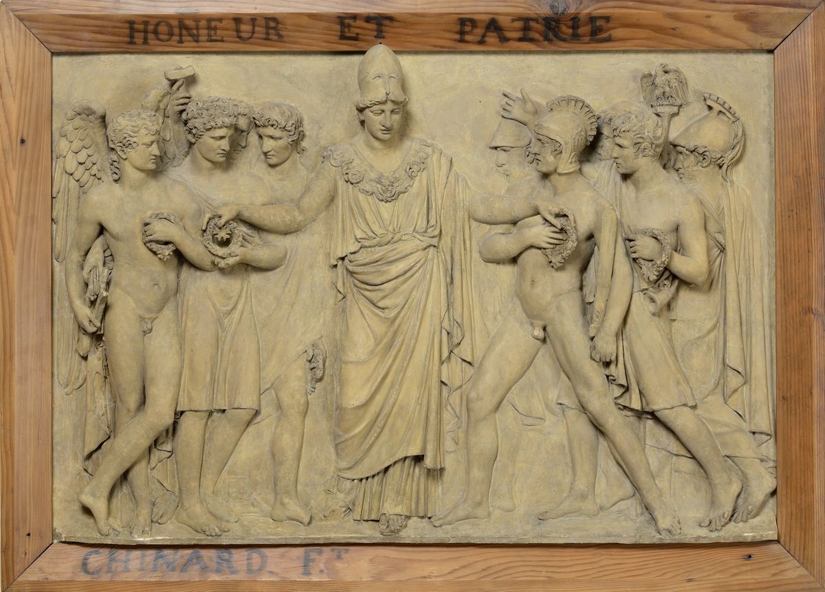 Honneur et Patrie ; Minerve distribuant des récompenses aux guerriers, aux artistes et aux savants