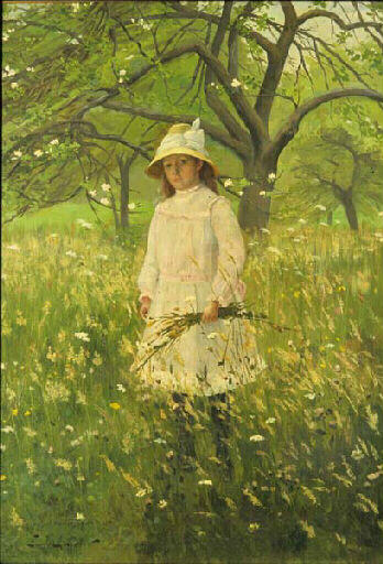 Petite fille ramassant des fleurs