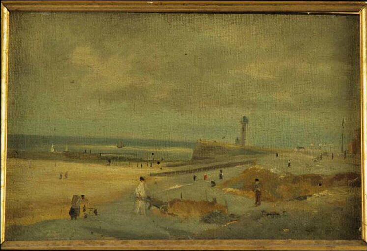 Marine : plage avec un môle et un phare