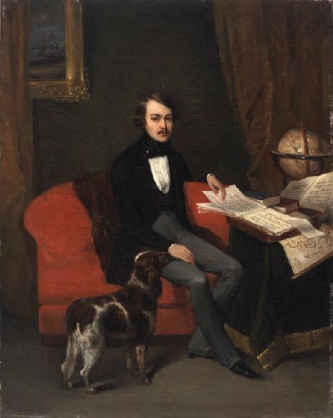 Portrait de Denis François de Kerveguen, mari d'Adèle Ferrand, avec le chien Caro (titre factice) ; Ancien titre : Le grand portrait de mon père, son chien Caro à ses côtés